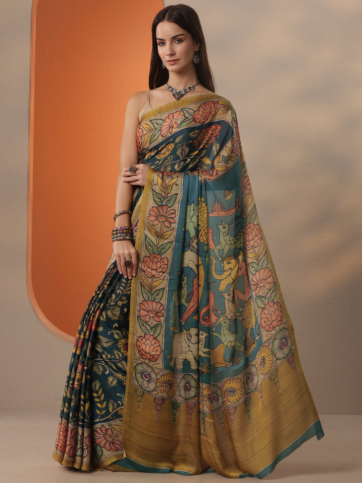 Green Printed Satin Saree With Unstitched Blouse Piece