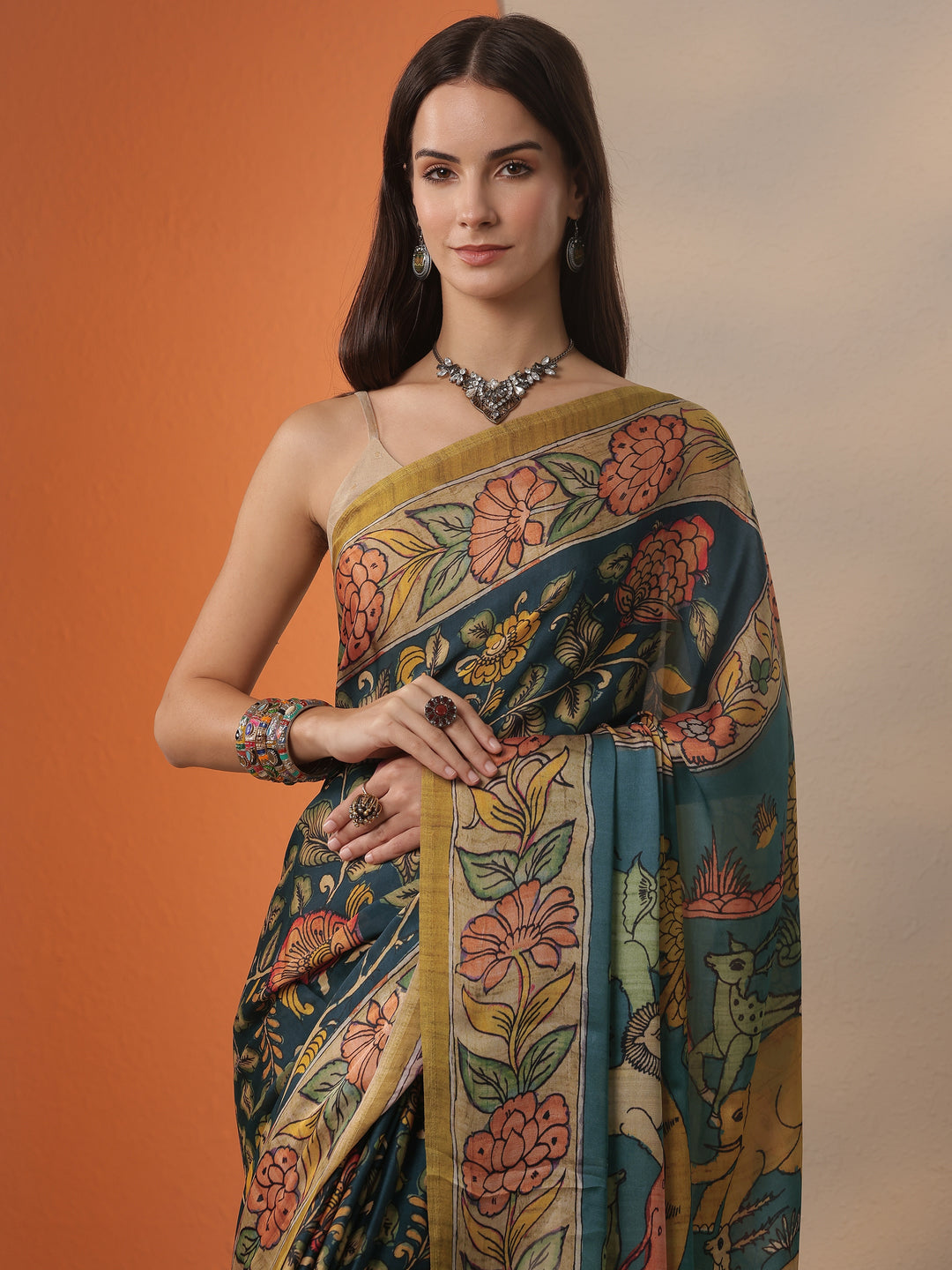 Green Printed Satin Saree With Unstitched Blouse Piece