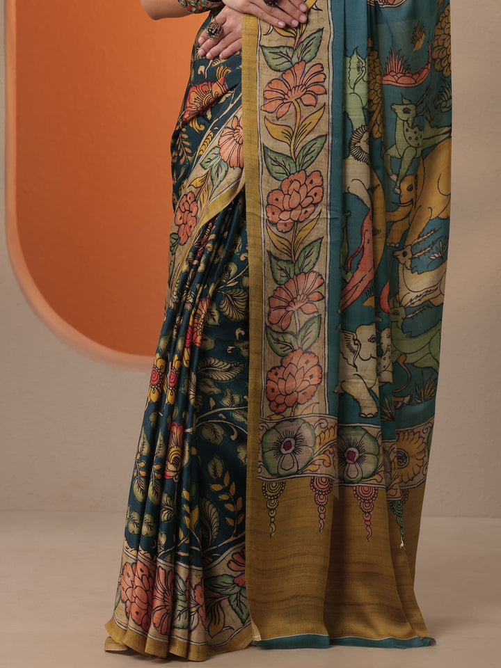 Green Printed Satin Saree With Unstitched Blouse Piece