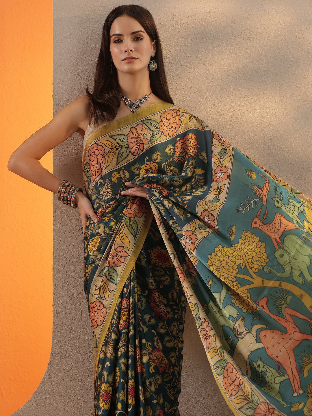 Green Printed Satin Saree With Unstitched Blouse Piece
