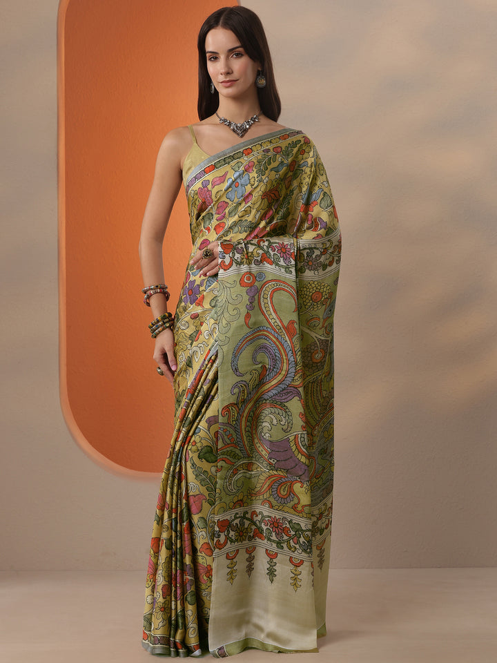 Mustard Printed Satin Saree With Unstitched Blouse Piece
