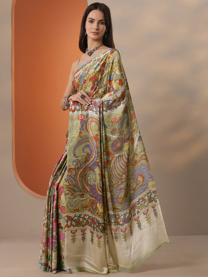 Mustard Printed Satin Saree With Unstitched Blouse Piece