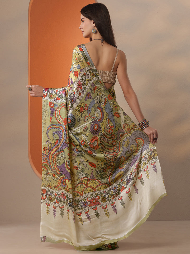 Mustard Printed Satin Saree With Unstitched Blouse Piece