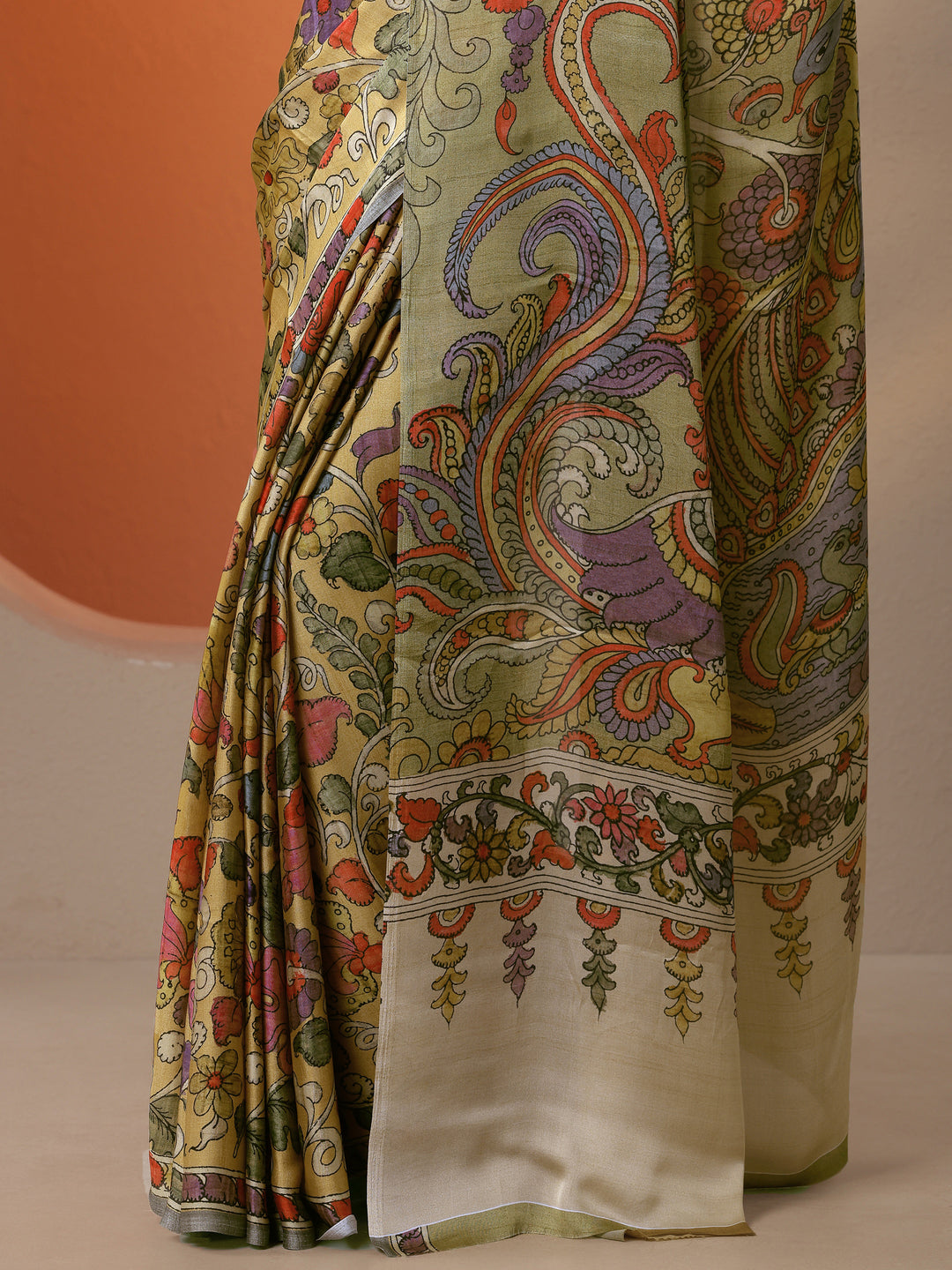 Mustard Printed Satin Saree With Unstitched Blouse Piece