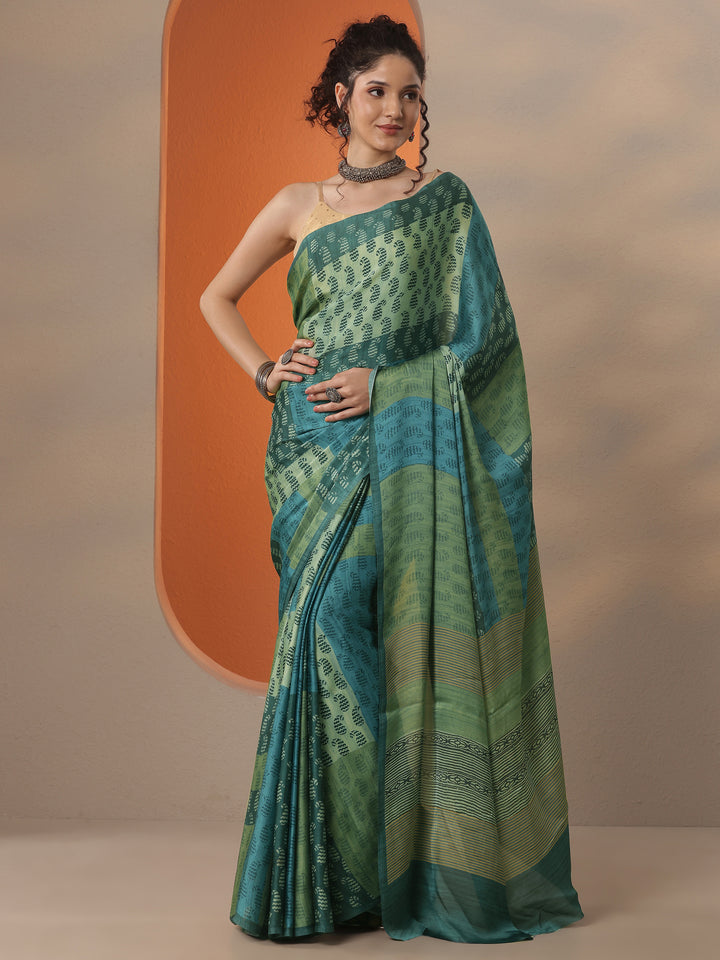 Green Printed Satin Saree With Unstitched Blouse Piece
