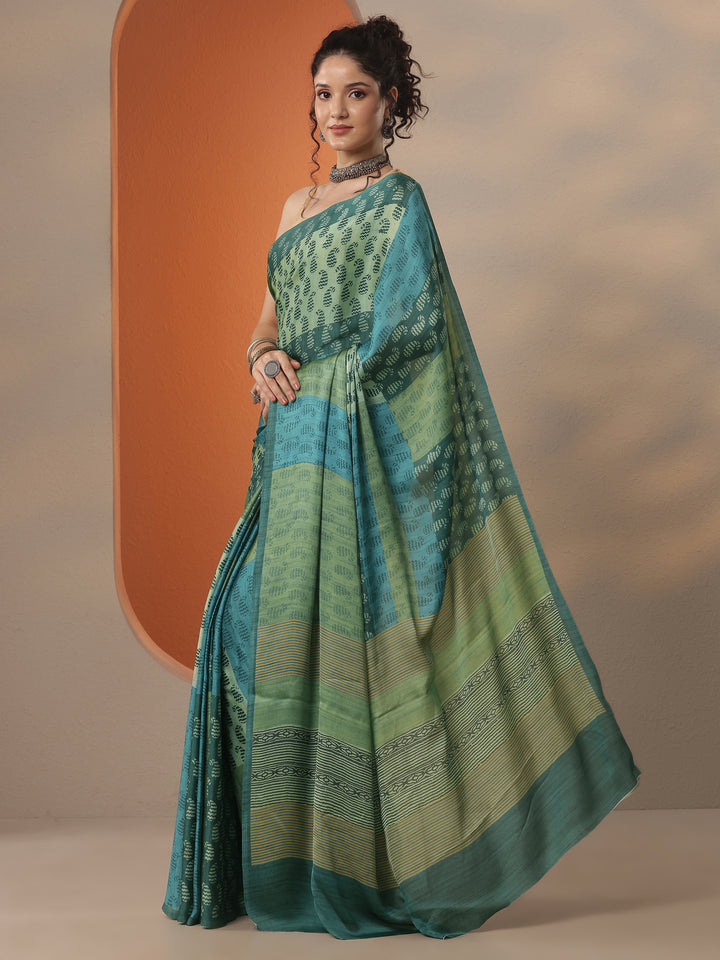 Green Printed Satin Saree With Unstitched Blouse Piece