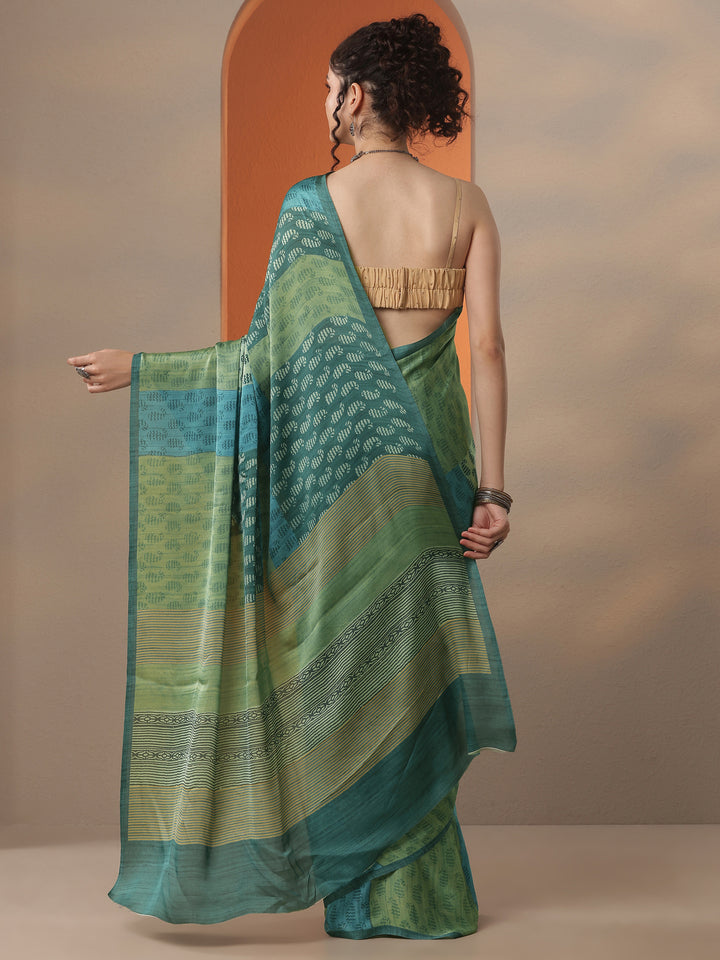 Green Printed Satin Saree With Unstitched Blouse Piece