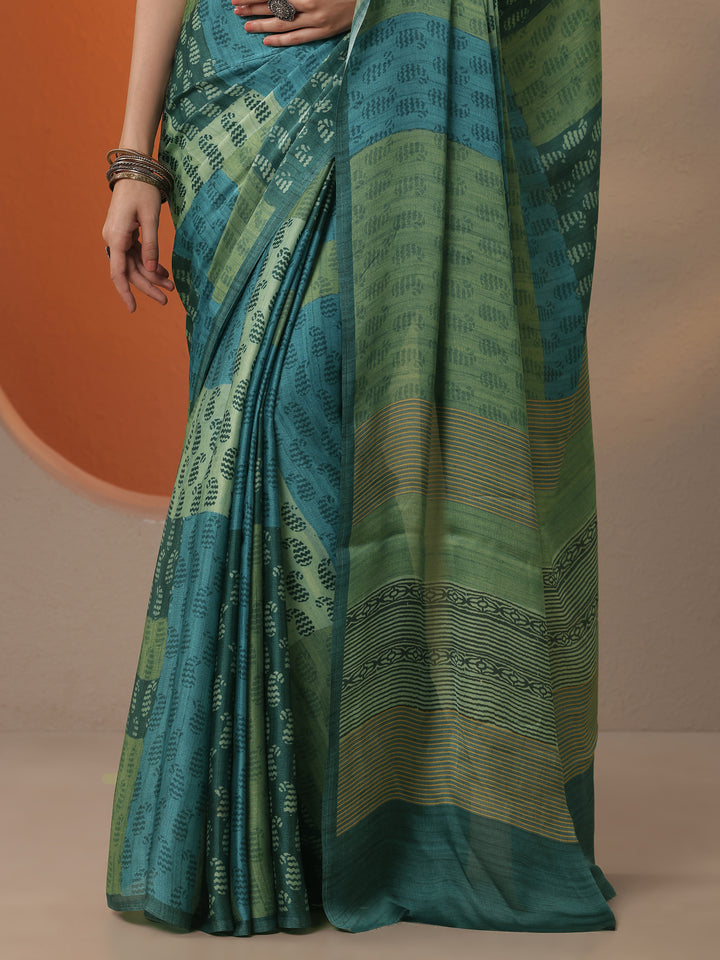 Green Printed Satin Saree With Unstitched Blouse Piece