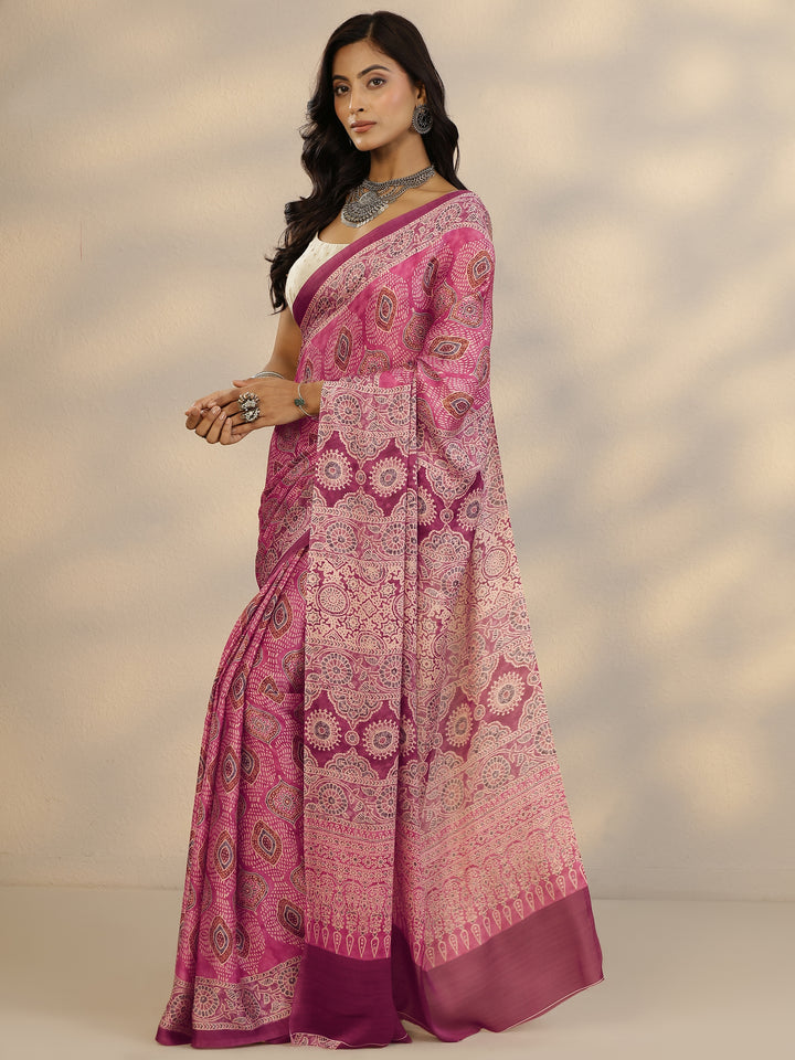 Pink Printed Satin Saree With Unstitched Blouse Piece