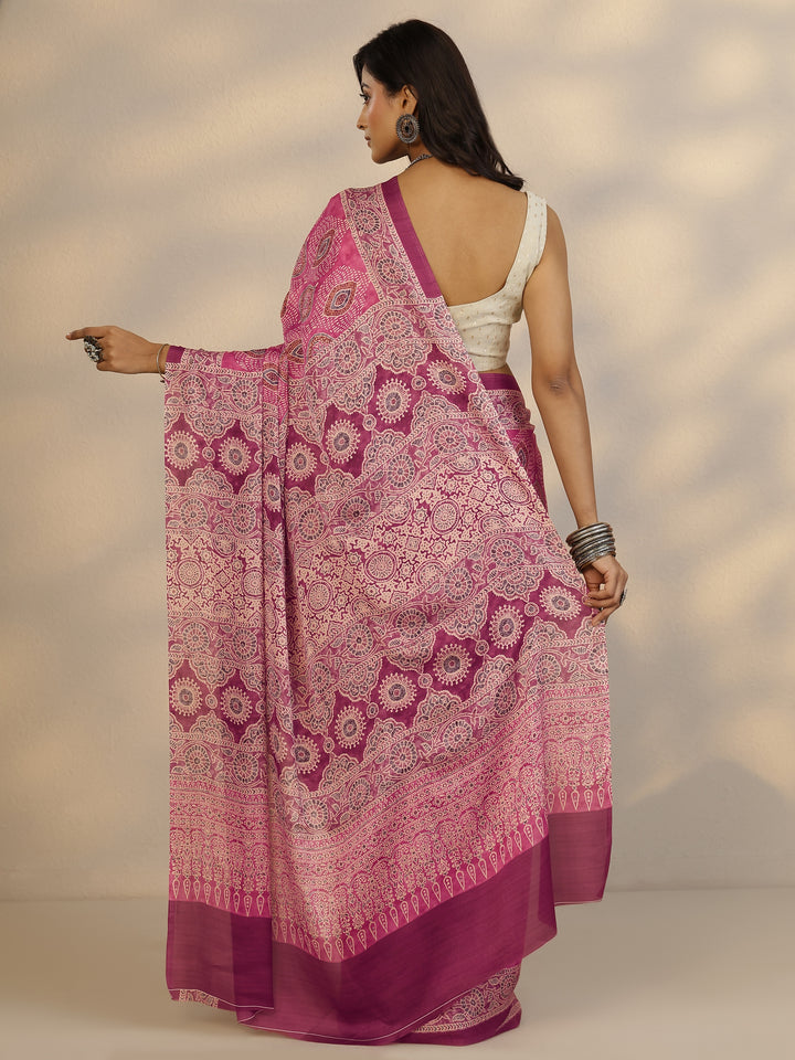 Pink Printed Satin Saree With Unstitched Blouse Piece