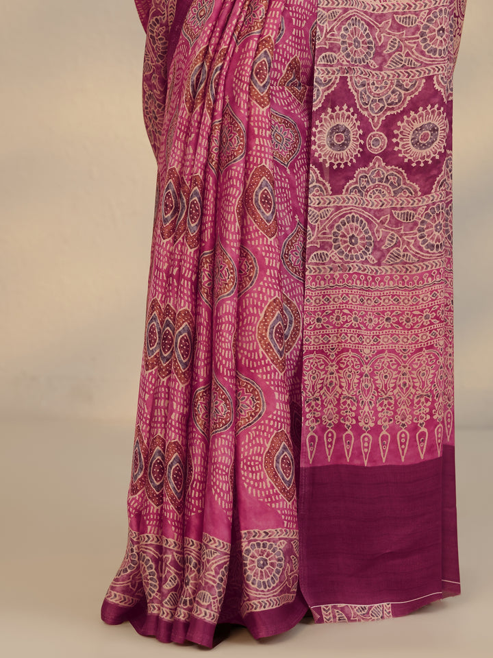 Pink Printed Satin Saree With Unstitched Blouse Piece