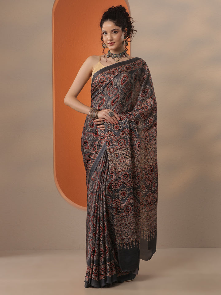 Grey Printed Satin Saree With Unstitched Blouse Piece