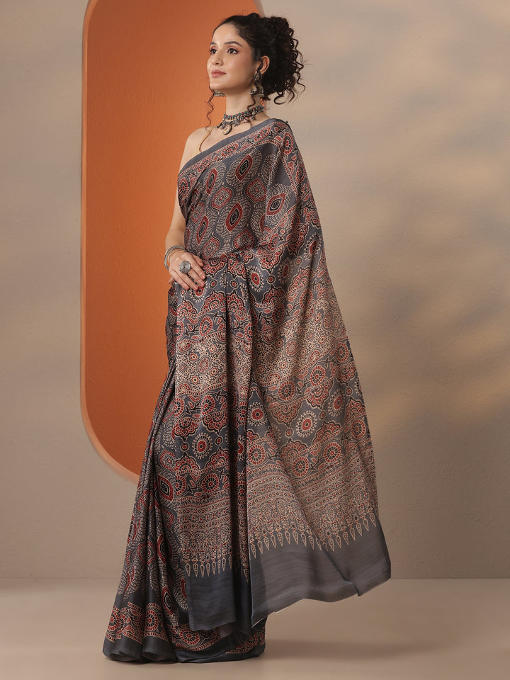 Grey Printed Satin Saree With Unstitched Blouse Piece