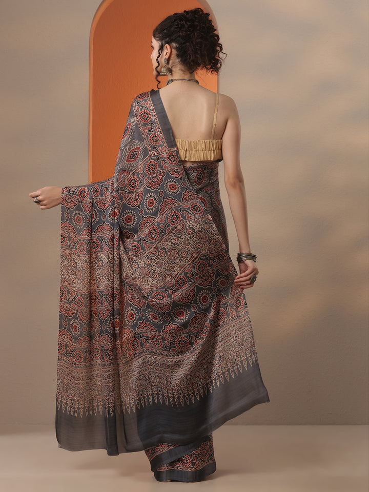 Grey Printed Satin Saree With Unstitched Blouse Piece