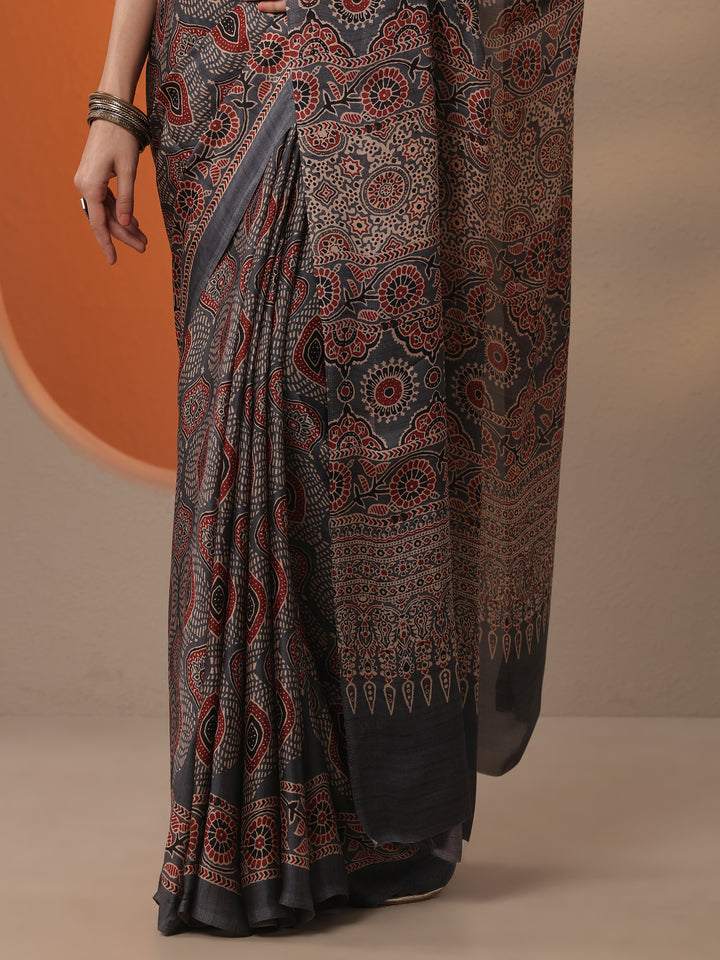 Grey Printed Satin Saree With Unstitched Blouse Piece