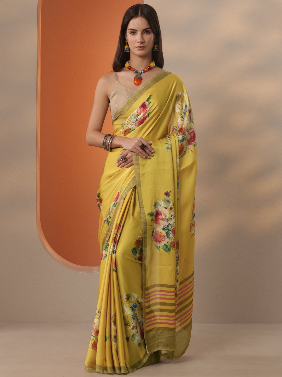 Yellow Printed Satin Saree With Unstitched Blouse Piece