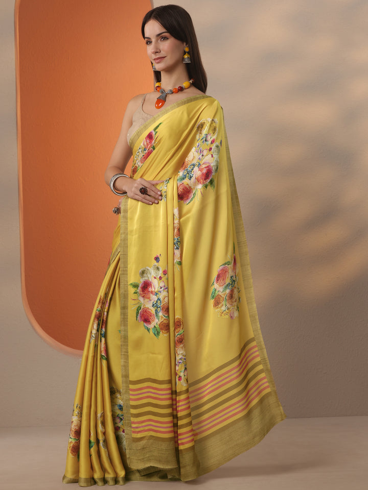 Yellow Printed Satin Saree With Unstitched Blouse Piece