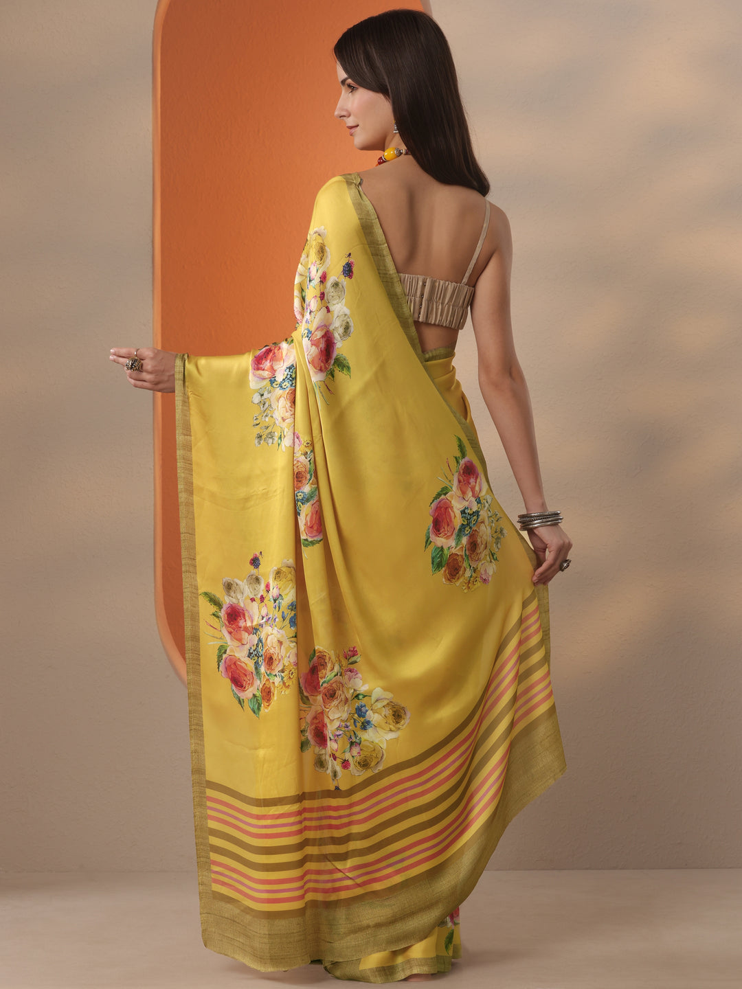 Yellow Printed Satin Saree With Unstitched Blouse Piece