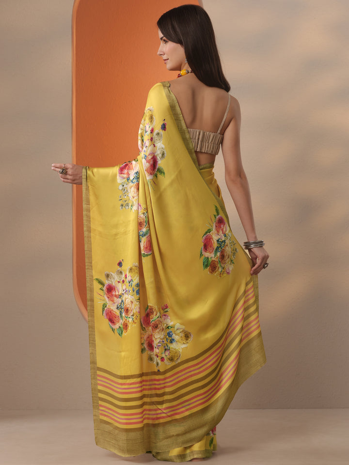 Yellow Printed Satin Saree With Unstitched Blouse Piece