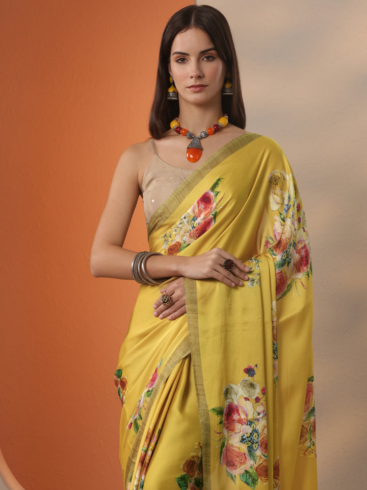 Yellow Printed Satin Saree With Unstitched Blouse Piece