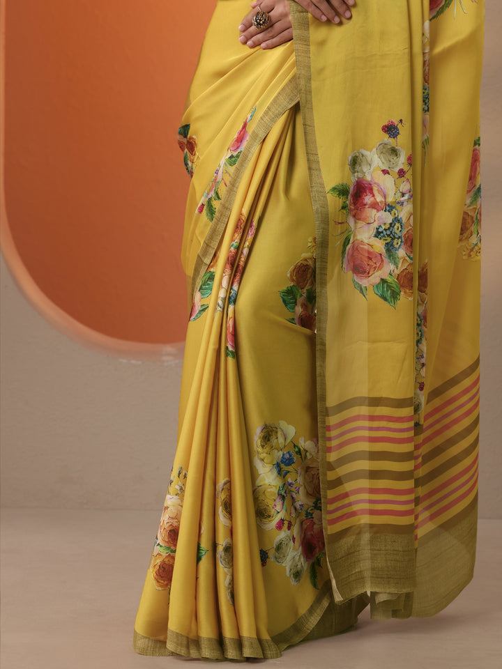 Yellow Printed Satin Saree With Unstitched Blouse Piece