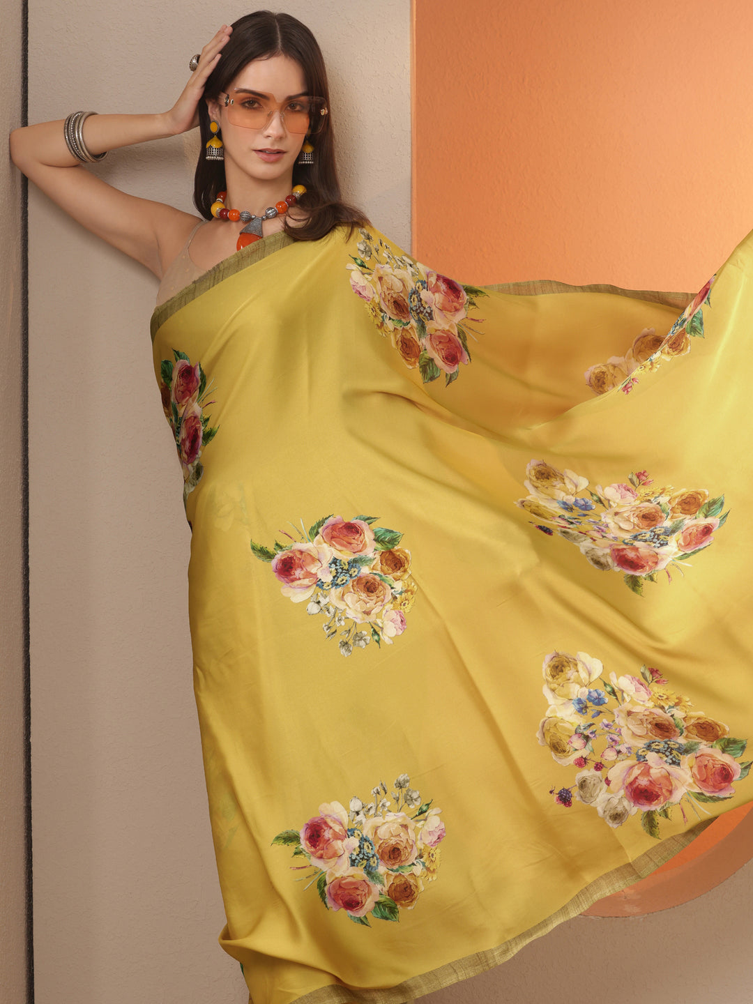 Yellow Printed Satin Saree With Unstitched Blouse Piece