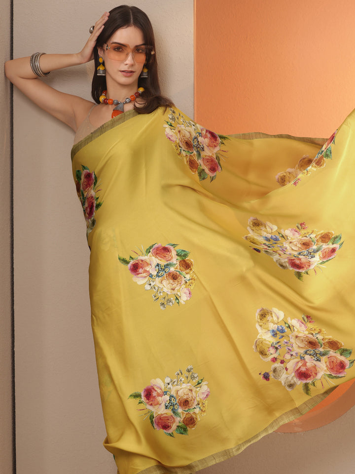 Yellow Printed Satin Saree With Unstitched Blouse Piece