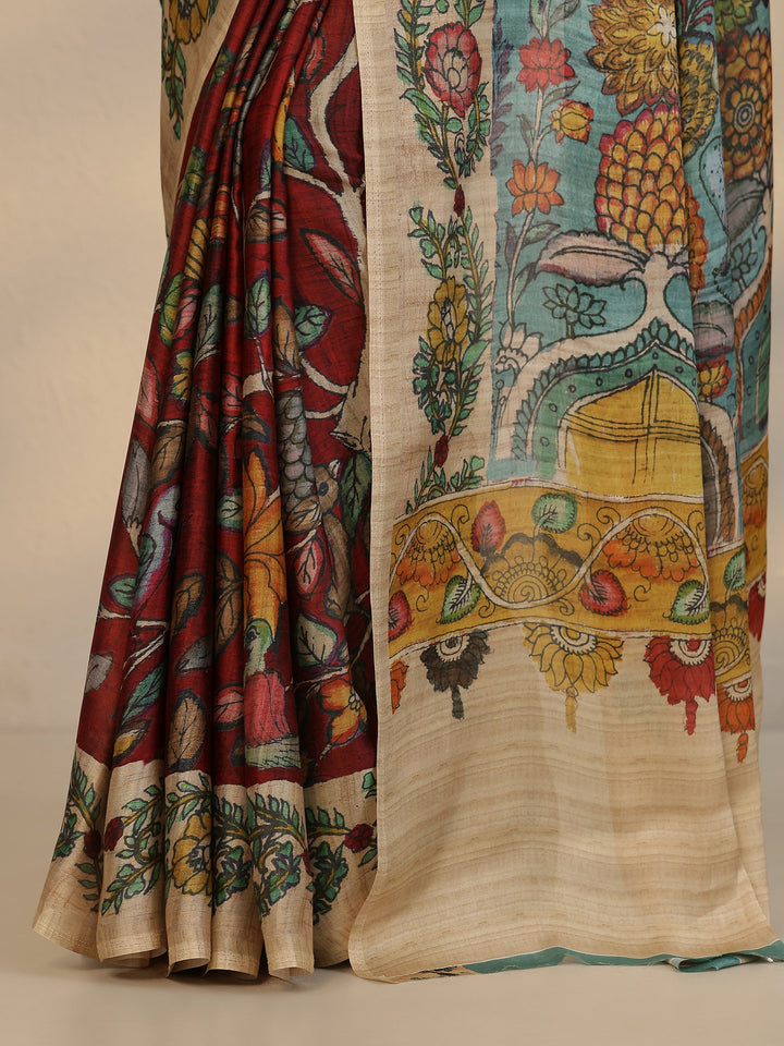 Red Printed Satin Saree With Unstitched Blouse Piece