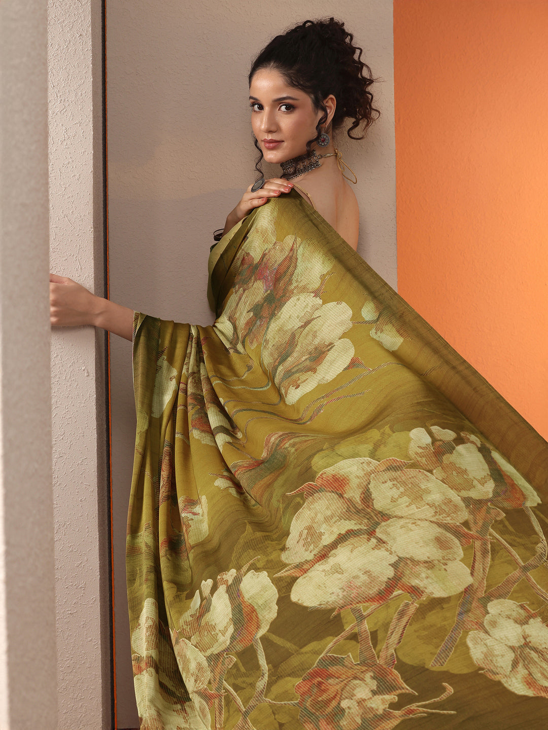 Mustard Printed Satin Saree With Unstitched Blouse Piece