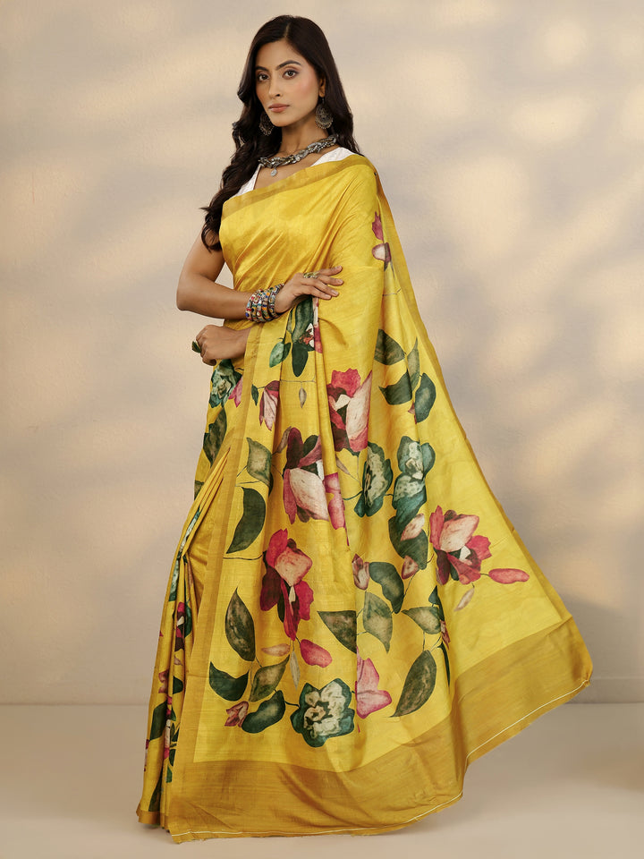 Mustard Printed Silk Blend Saree With Unstitched Blouse Piece