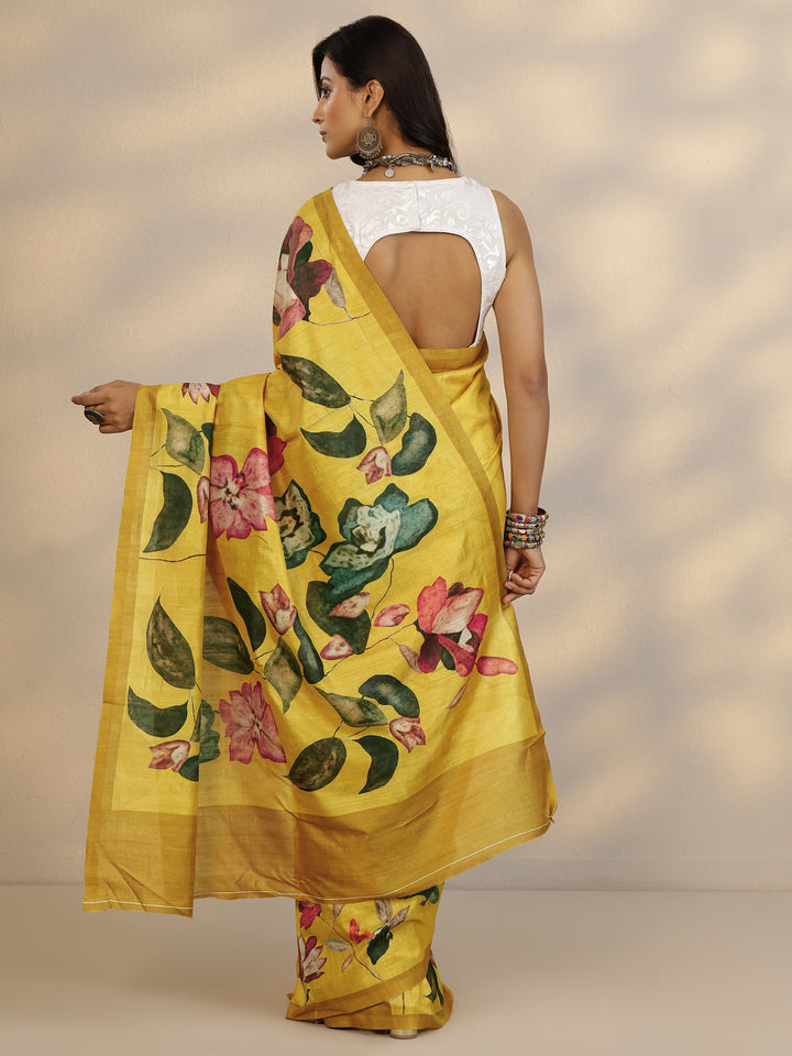 Mustard Printed Silk Blend Saree With Unstitched Blouse Piece