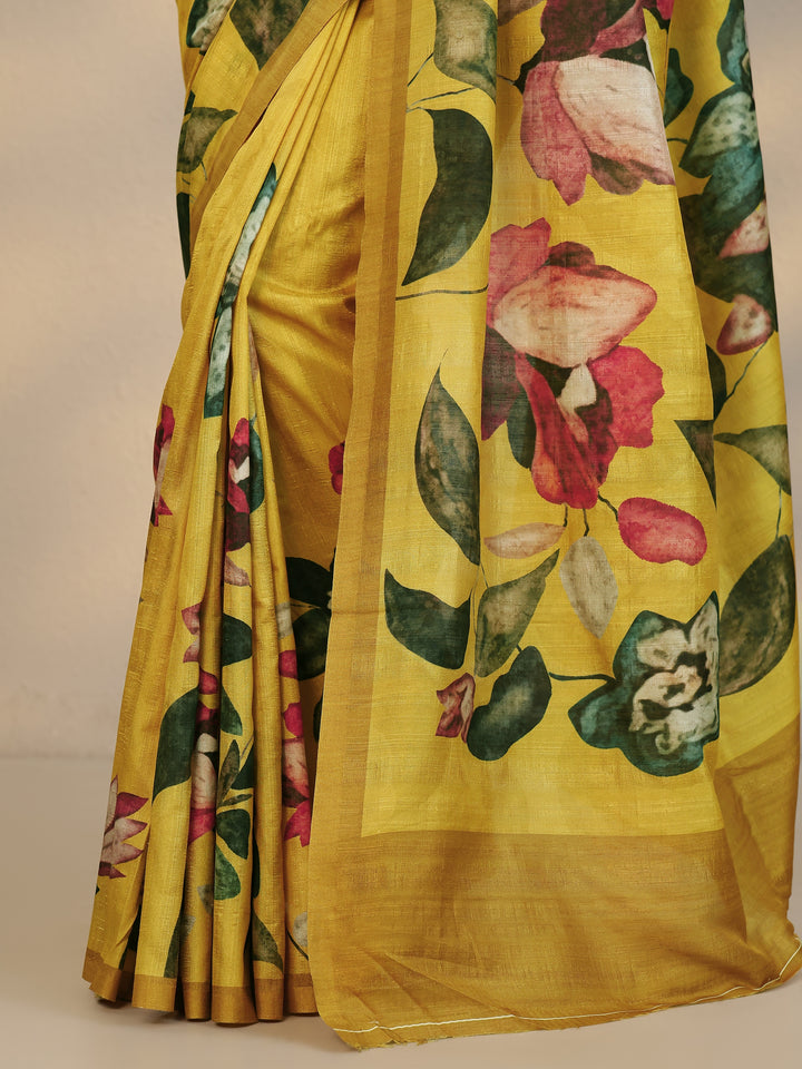 Mustard Printed Silk Blend Saree With Unstitched Blouse Piece