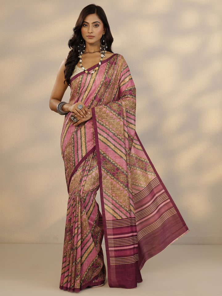 Pink Printed Silk Blend Saree With Unstitched Blouse Piece