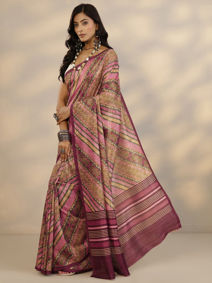 Pink Printed Silk Blend Saree With Unstitched Blouse Piece