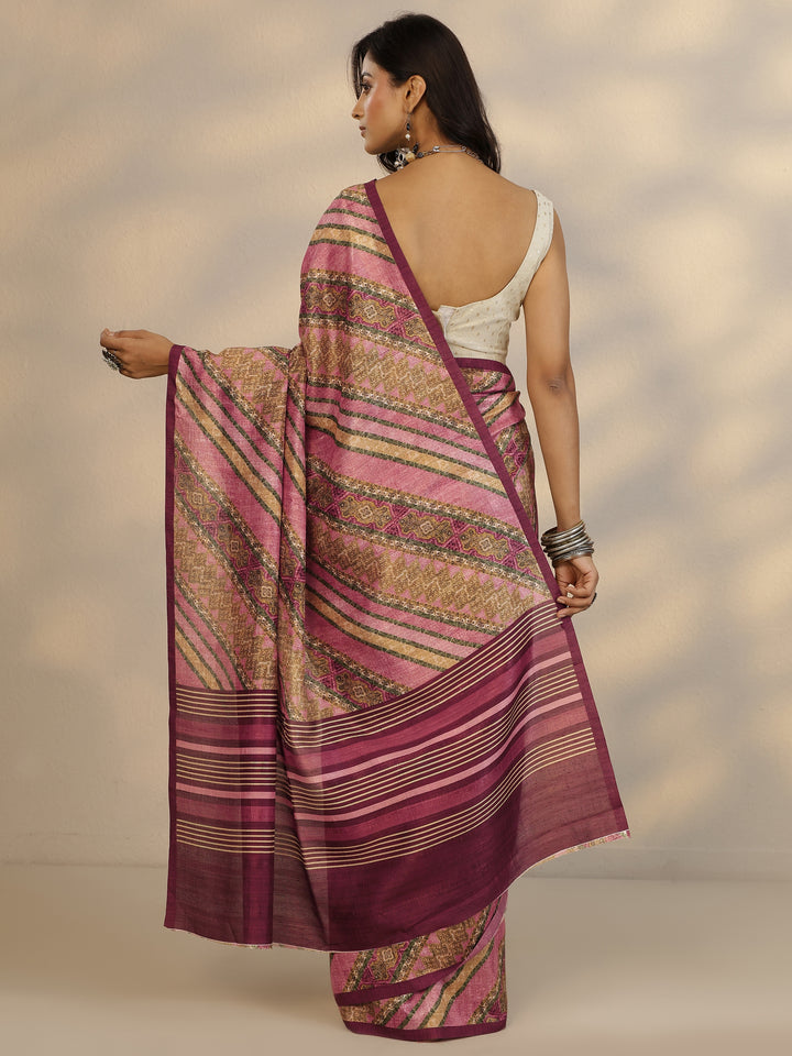 Pink Printed Silk Blend Saree With Unstitched Blouse Piece