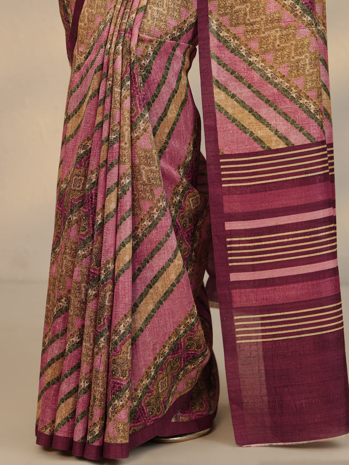Pink Printed Silk Blend Saree With Unstitched Blouse Piece