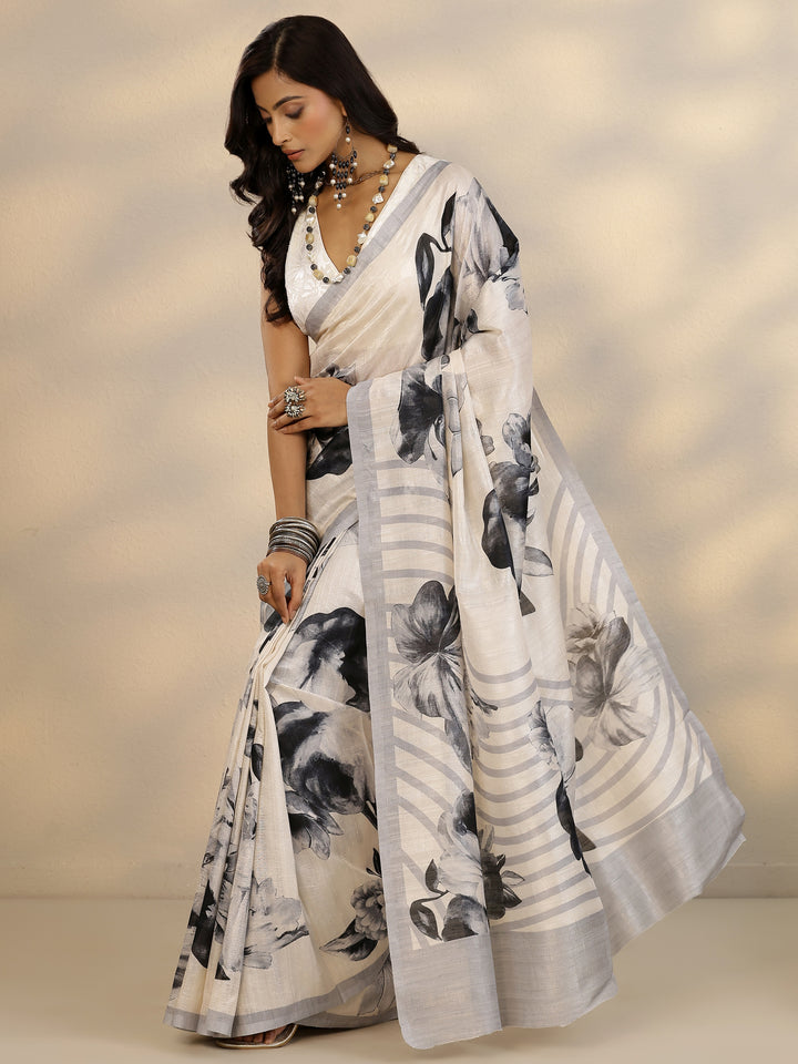 Cream Printed Silk Blend Saree With Unstitched Blouse Piece