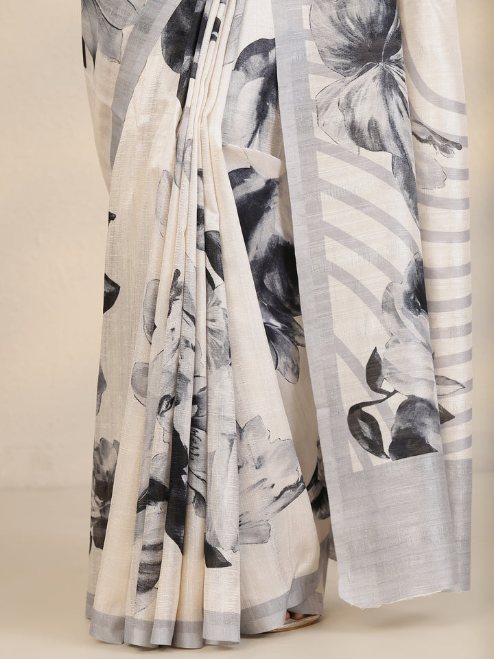 Cream Printed Silk Blend Saree With Unstitched Blouse Piece