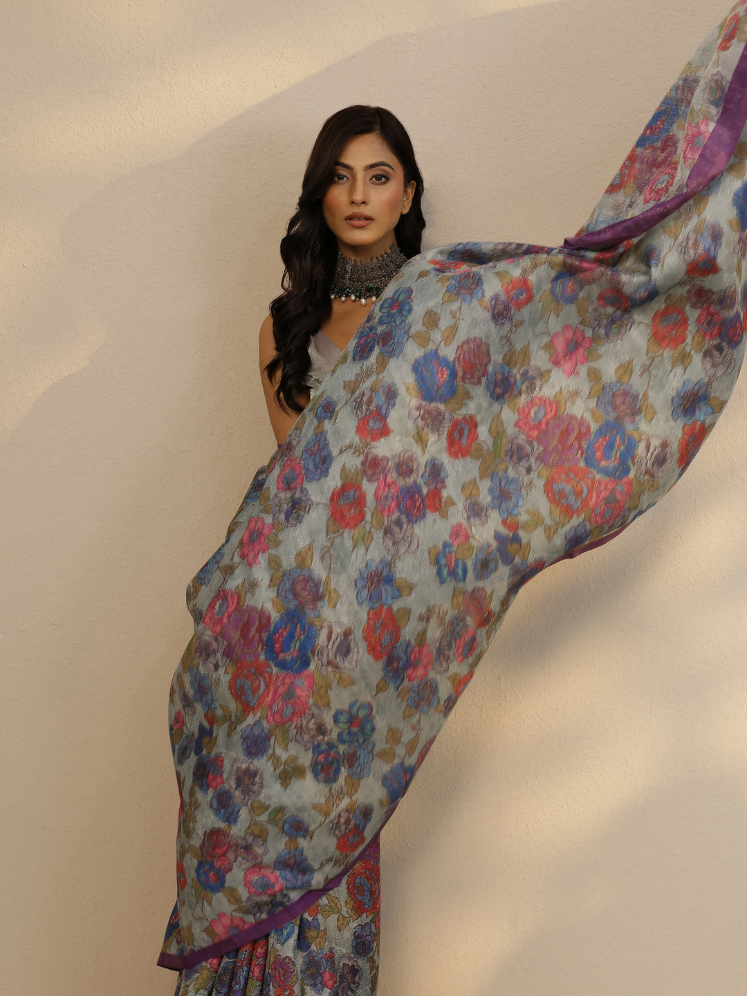 Green Printed Silk Blend Saree With Unstitched Blouse Piece