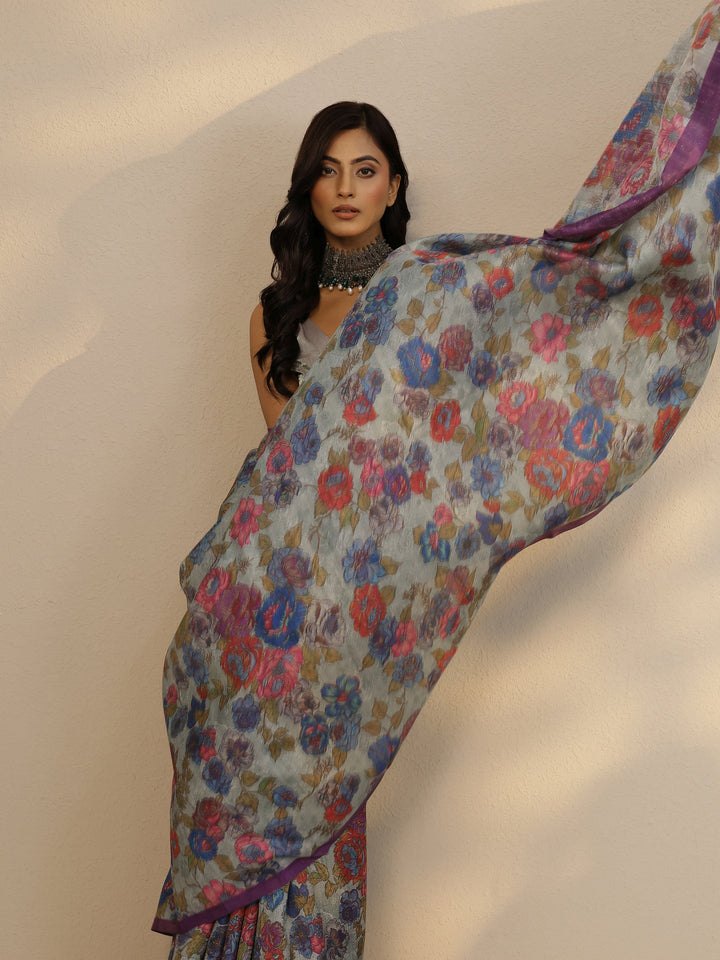 Green Printed Silk Blend Saree With Unstitched Blouse Piece