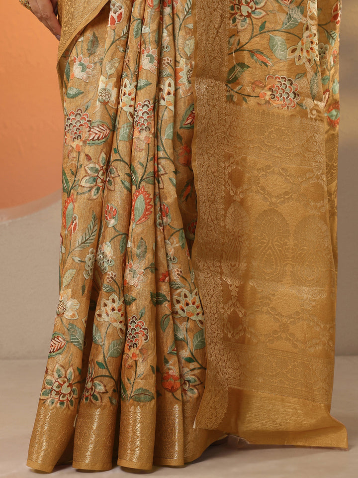 Mustard Printed Silk Blend Saree With Unstitched Blouse Piece