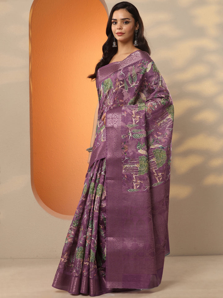 Purple Printed Silk Blend Saree With Unstitched Blouse Piece