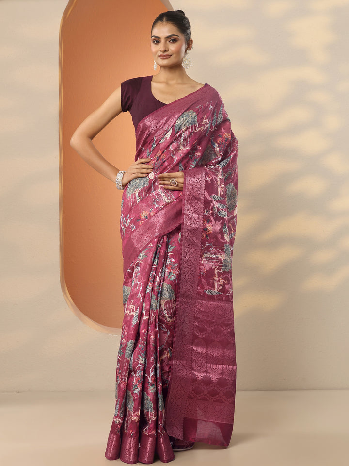 Maroon Printed Silk Blend Saree With Unstitched Blouse Piece