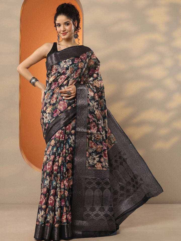 Black Printed Silk Blend Saree With Unstitched Blouse Piece