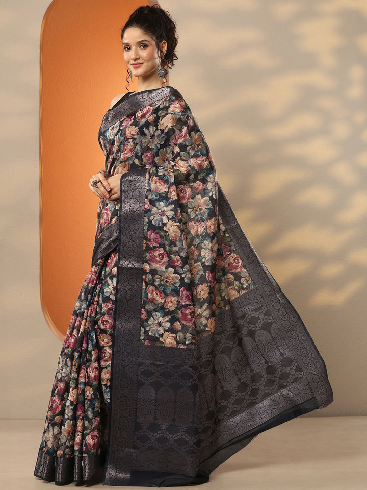 Black Printed Silk Blend Saree With Unstitched Blouse Piece