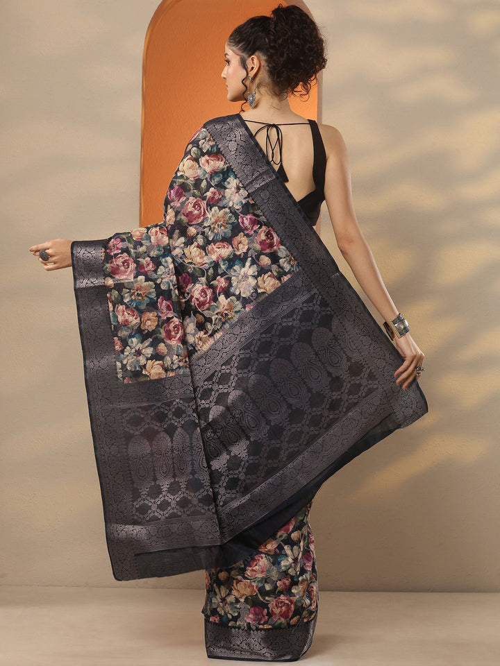 Black Printed Silk Blend Saree With Unstitched Blouse Piece