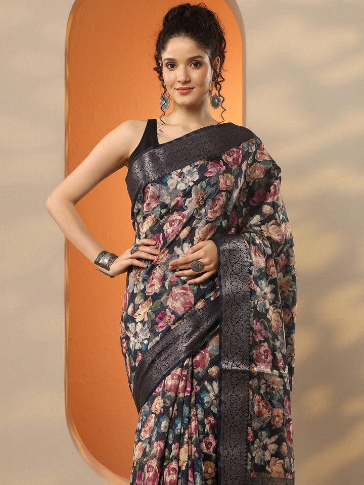 Black Printed Silk Blend Saree With Unstitched Blouse Piece