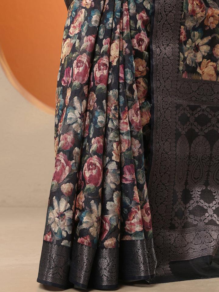 Black Printed Silk Blend Saree With Unstitched Blouse Piece