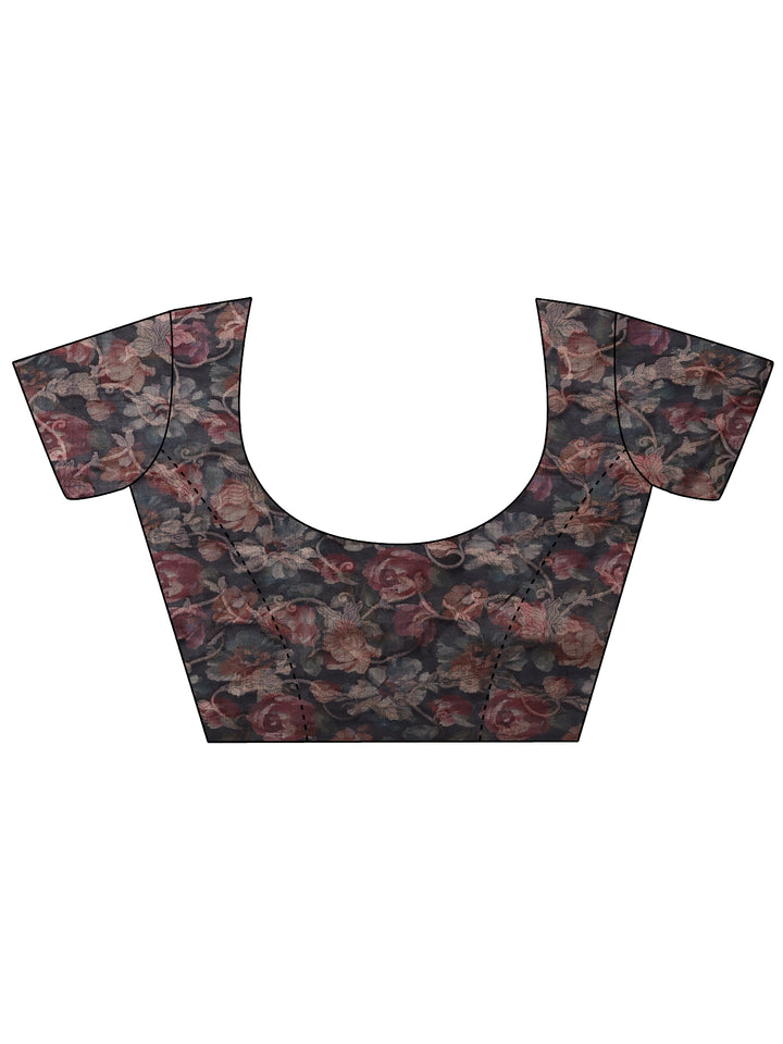 Black Printed Silk Blend Saree With Unstitched Blouse Piece