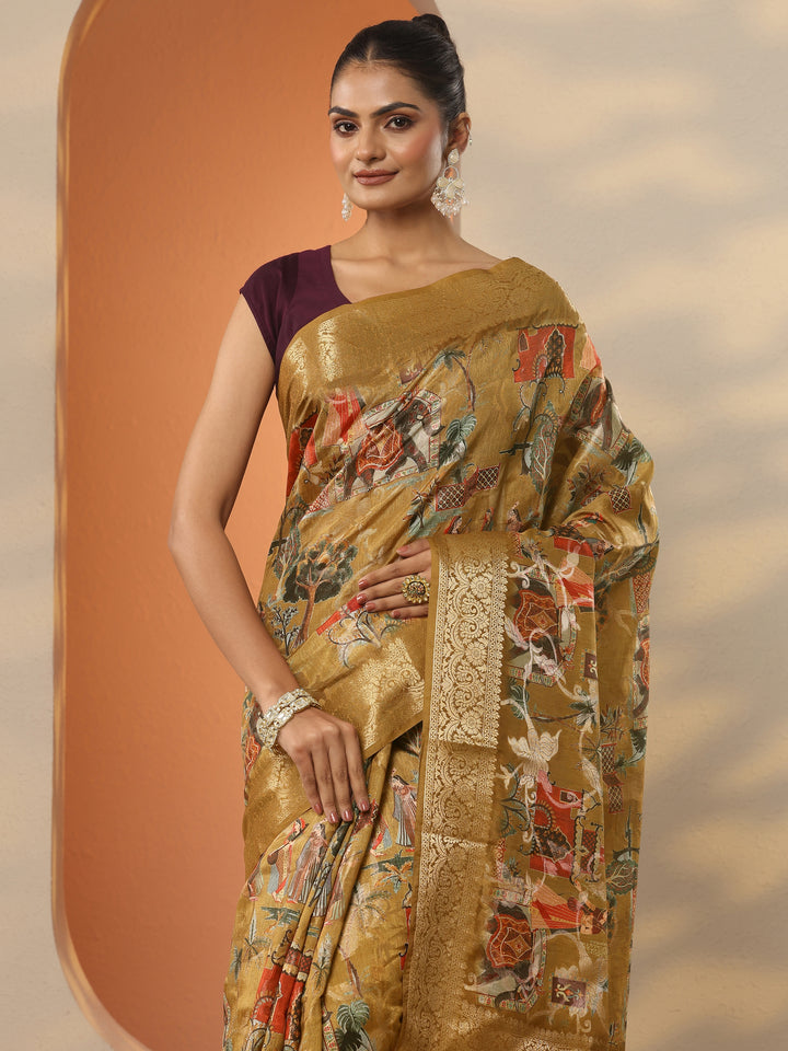 Mustard Tribal Printed Silk Blend Saree With Unstitched Blouse Piece